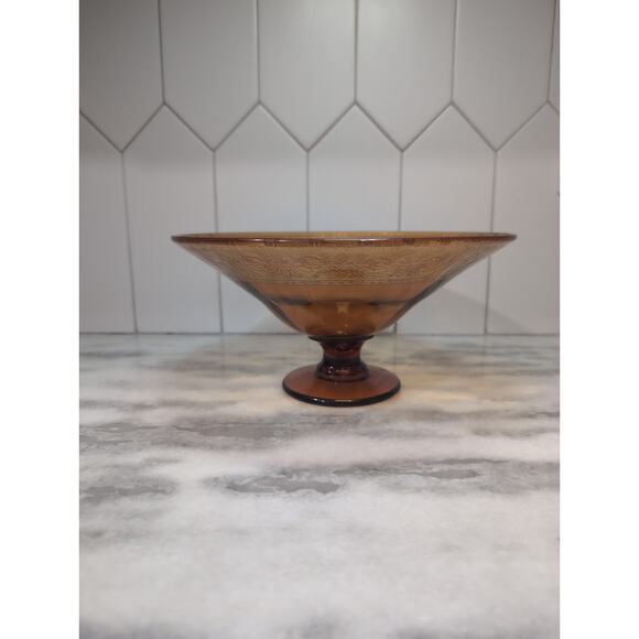 Amber‎ Glass Pedestal Bowl with Etched Edge, Floral Design, Vintage Centerpiece - Picture 7 of 10